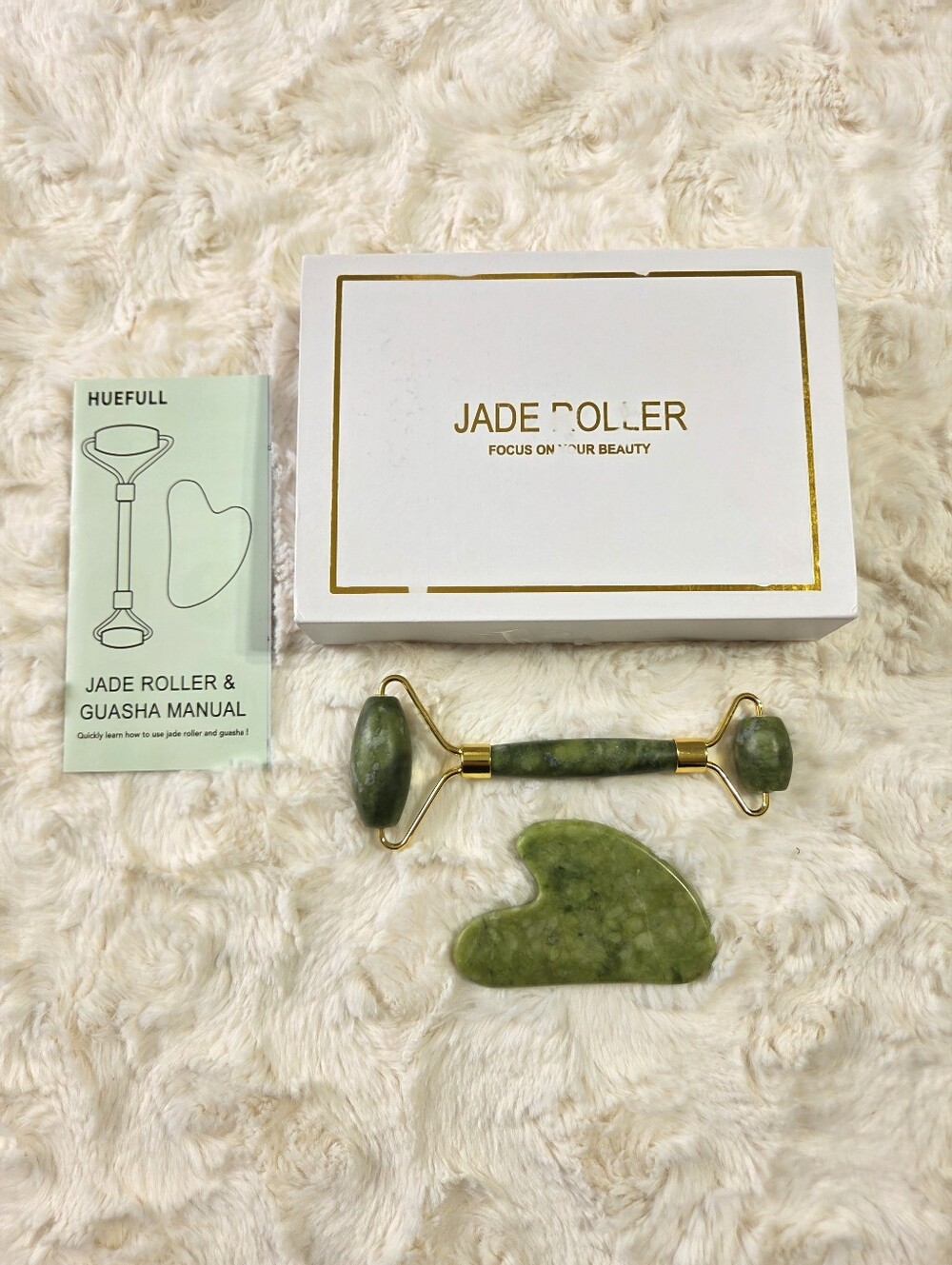 Huefull Beauty - Jade Gua Sha Facial Tool & Roller 2 Pc. Set In Box